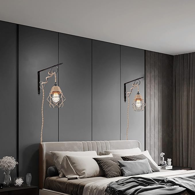 FRIDEKO HOME Farmhouse 15ft Pendant Lights - Hanging Lights with Plug in Cord Hemp Rope Pendant Lights Rustic Hanging Lamps that Plug into Wall Outlet for Kitchen Island Bedroom DIY Decor - 2 Pack
