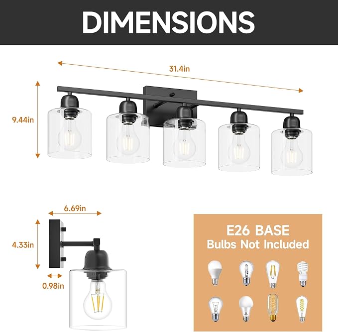 Modern 5 Light Bathroom Vanity Light, 31 inch Black Bathroom Lights Fixtures, Vanity Lights with Clear Glass for Mirror Kitchen Living Room Hallway Cabinet Porch