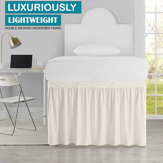 Dorm Bed Skirt- Ruffled Dorm Sized Bed Skirt- Extra Long Dorm Bed Skirt- College Dorm Room Bed Skirt Twin XL- 32 Inch Tailored Drop- 100% Microfiber Dorm Room Bed Skirt- Ivory, Twin XL/32 Drop