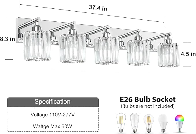 Brushed Chrome Crystal Bathroom Vanity Light, 5-Light Modern Bathroom Lighting Fixtures Over Mirror,Chrome Wall Sconce Light Fixtures with Round Shade