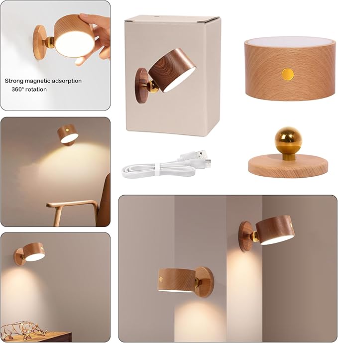 Wooden Led Wall Sconce, 360° Rotatable Dimmable Wall Lights Rechargeable Wall Lights Battery Operated Magnetic Led Night Light for Reading Light and Household Lighting (Beech Wood 1pcs)