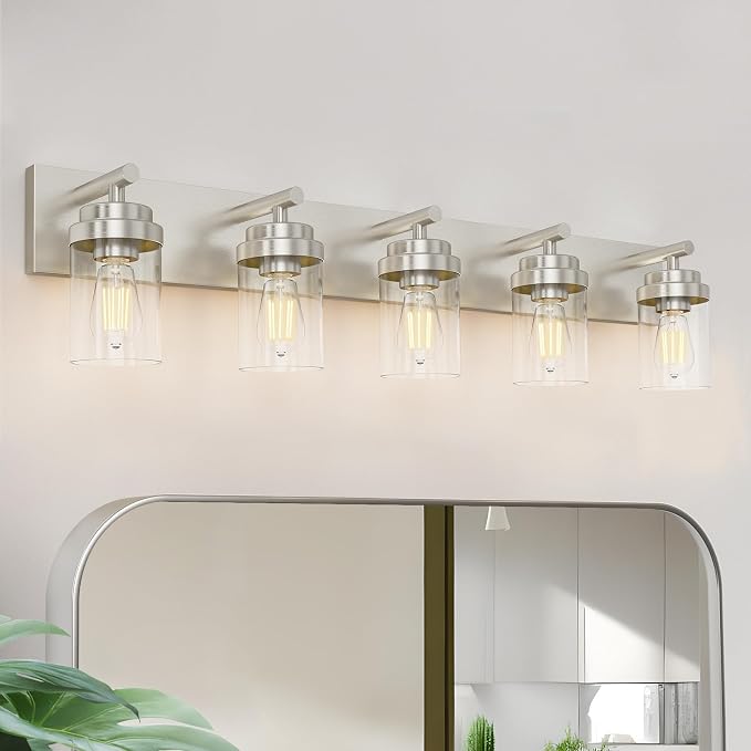 IZORRO Bathroom Vanity Light Fixture, 5-Light 36 Inch Brushed Nickel Bathroom Light Fixtures Over Mirror, with Clear Glass Shade, Modern Farmhouse Vanity Lights, Rustic Restroom Lighting Fixtures