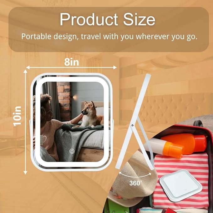 LED Makeup Mirror 8x10 Rechargeable with 3 Color Settings, Touch Control, Portable & Cord-Free Vanity Mirror, Premium Metal Frame, Gift-Ready for Travel Mirror White