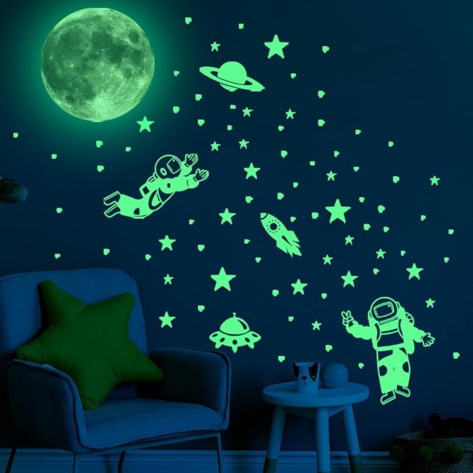 DIY Creativity Starry Sky Astronaut Night Light Stickers Cartoon Rabbit Wall Stickers Star Spaceship Night Light Stickers Room Decoration Wall Stickers (Space World)