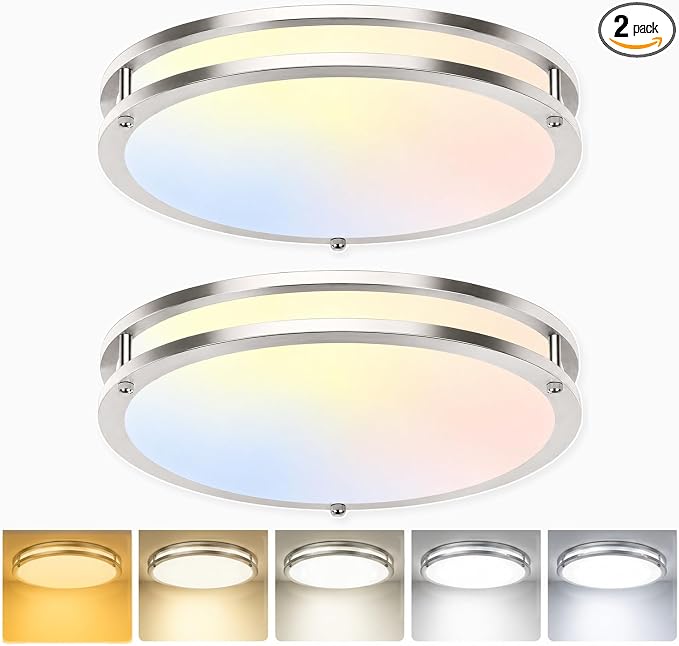 2-Pack 16 inch Large Dimmable LED Flush Mount Ceiling Light Fixture, 50W 5400 Lumen Bright Brushed Nickel Light Fixture for Bedroom Kitchen Living Room, 2700K/3000K/3500K/4000K/5000K Selectable