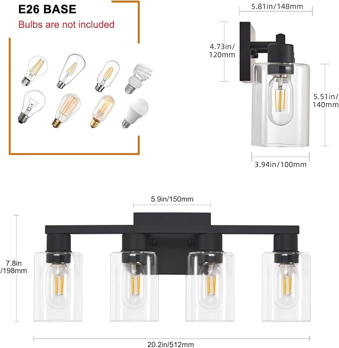Black Vanity Lights for Bathroom 4 Light Bathroom Vanity Light Classic Bathroom Lighting Fixtures Over Mirror Farmhouse Vanity Lights with Clear Glass Shade