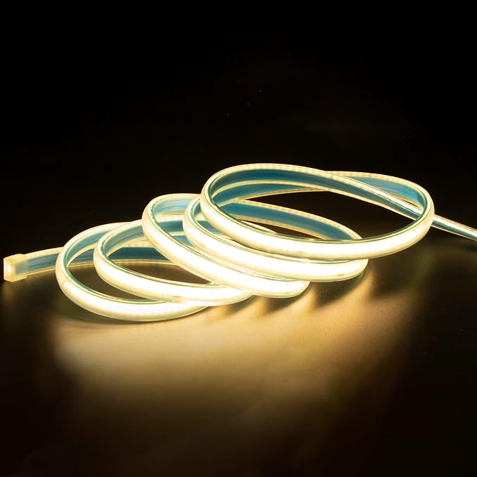 3000K LED Light Strip AC 110V 1M Waterproof Strip Lights IP67 | 110 Volt Plug-in COB LED Strip Lights 3.28ft Warm White Rope Light for Outdoor Indoor Kitchen Under Cabinet Lighting