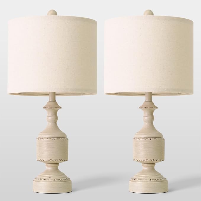 BOBOMOMO White Lamps Set of 2-20.5" Antique White Bedside Lamps for Nightstand, Vintage Farmhouse Lamps for Entryway & Guest Room, Ideal for Small Spaces, Room Lamps for Bedroom
