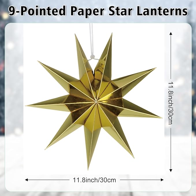 5Pack 9-Pointed Paper Star Lantern 11.8 inch Hanging Paper Lampshade for Winter Wonderland Xmas Day Decoration Wedding Birthday Party Home Decor (Gold)