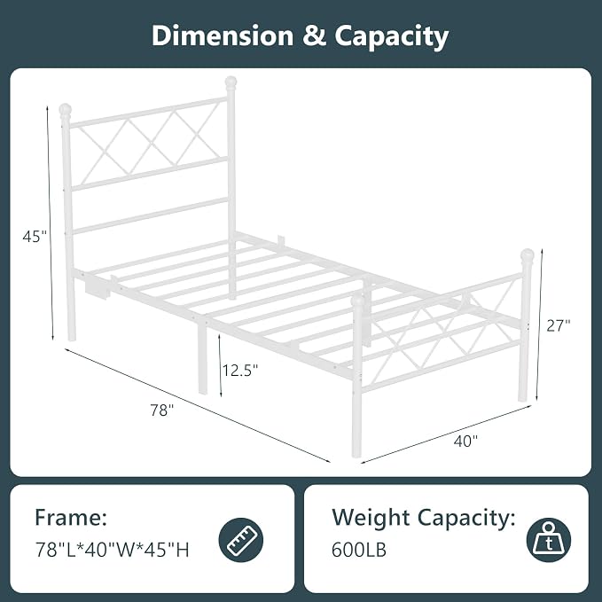 VINGLI Twin Bed Frame with LED Lights & Charging Station, Metal Platform Bed Frame with Headboard, USB Ports, Under Bed Storage, Noise Free, No Box Spring Needed, Easy Assembly, White