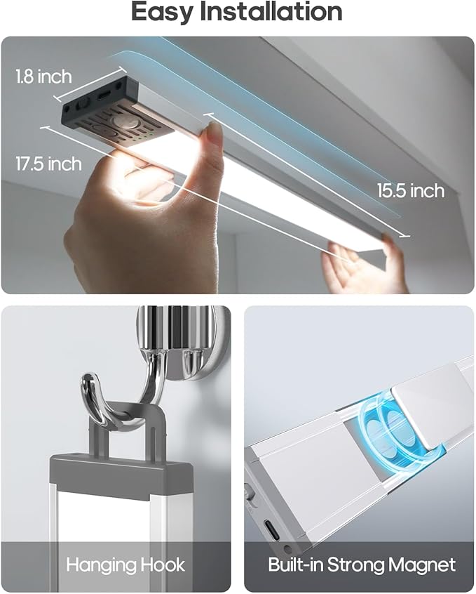 17.5Inch Under Cabinet Lighting, 4500mAh Rechargeable Battery Motion Sensor Light Indoor, Wireless Under Cabinet Lights for Kitchen, Closet(1 Pack,17.5 inch)