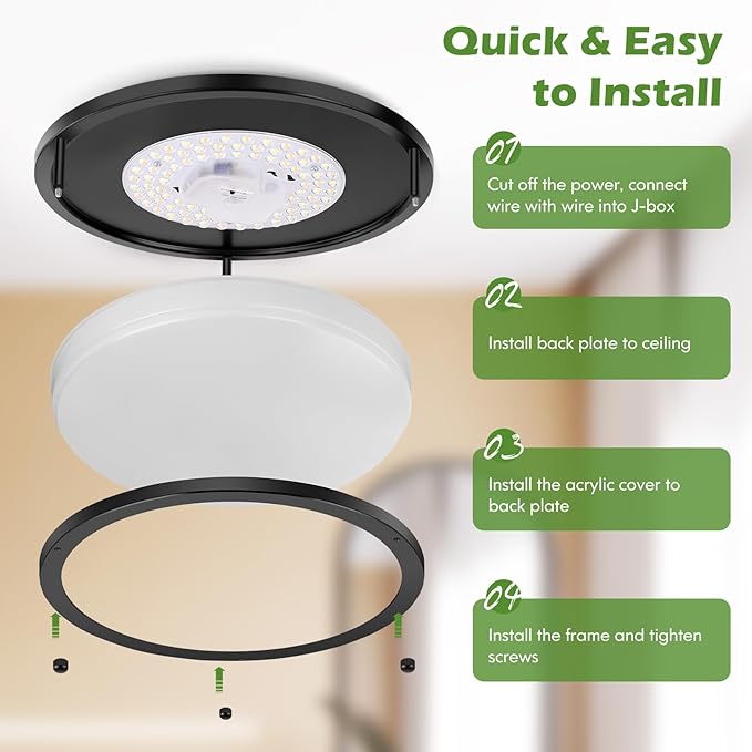 GoBright 4-Pack 36W LED Flush Mount Lights, 3200LM Black Ceiling Fixtures, 5 Color in One (2700K/3000K/4000K/5000K/6500K), 12'' Modern Round Ceiling Lamp for Kitchen, Hallway, Stairwell, Offices