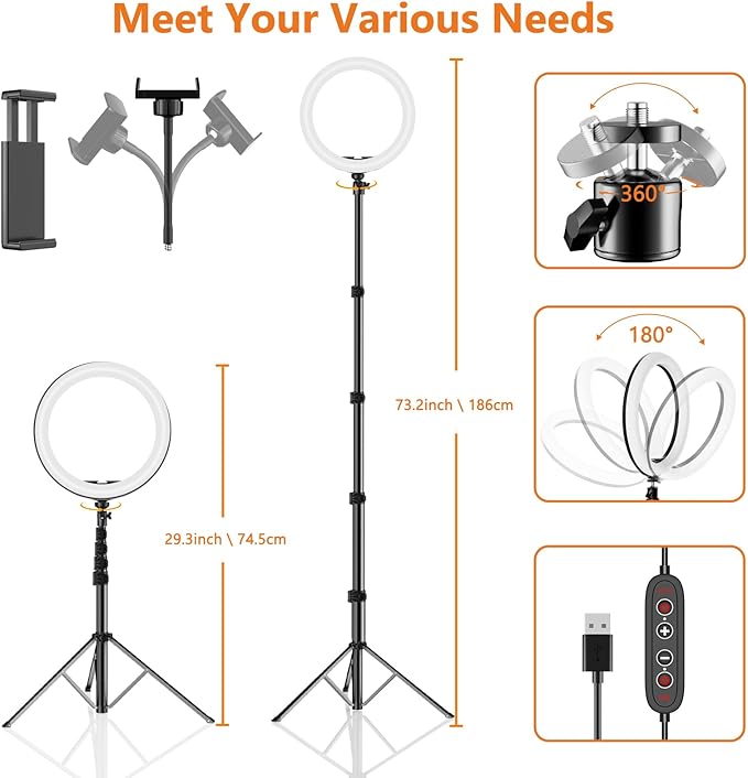 12" Selfie Ring Light with 73" Extendable Tripod Stand: PEYOU Desk Selfie Lights 38 Color Modes, Upgrade 3 in 1 Dimmable Adjustable Speed Ring Light for Makeup/TIK Tok/YouTube