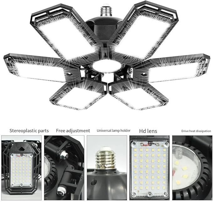 Deformable LED Garage Light - 15000 Lumen 6500K Daylight 150W, Six Leaf Garage Organization Ceiling Lighting, Pack of 2