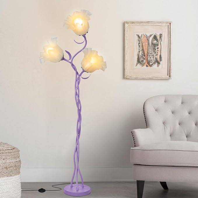 Flower Floor Lamp for Living Room, Tall Cute Reading Lamp with Flexible Neck Shaft for Bedroom Decor, Modern Corner Floor Lamps with 3-Color Temperatures LED Bulb (Purple)