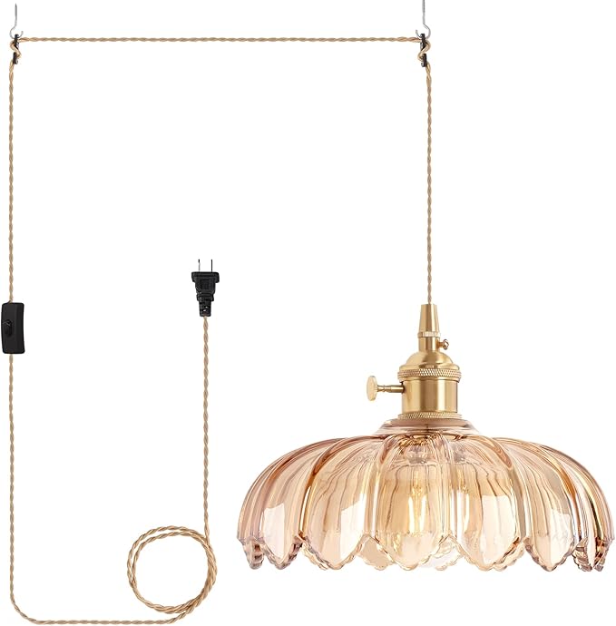 Plug in Pendant Light Hanging Light Fixtures with Plugin Cord On/Off Switch,Amber Scindapsus Glass Lampshade Brass Pendant Light