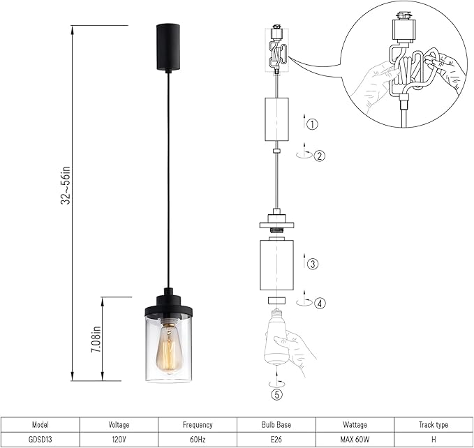 mirrea H Type Cord Adjustable Black Track Lighting Pendant with Clear Glass Shade Pack of 3