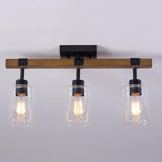 Globe Electric Austin 3-Light Faux Wood Track Lighting with Matte Black Accents and Clear Glass Shades