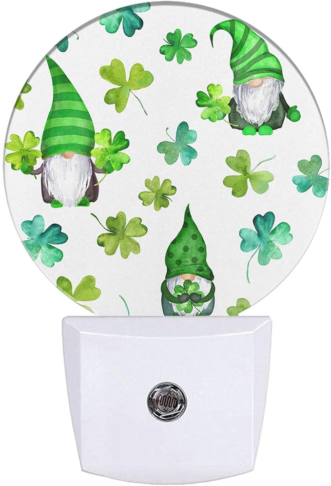 EKOBLA St. Patrick's Day Gnome Night Light, Green Shamrock Clover Night Lights Plug Into Wall with Auto Sensor for All Ages