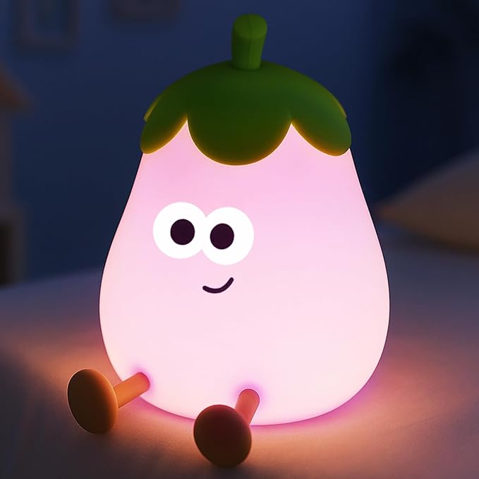 Eggplant Night Light for Kids, Cute Squishy Silicone Lamp, Rechargeable LED Nightlight, 3-Level Dimmable Bedside Lamp for Bedroom Kids Room Decor, Boys and Girls Gifts