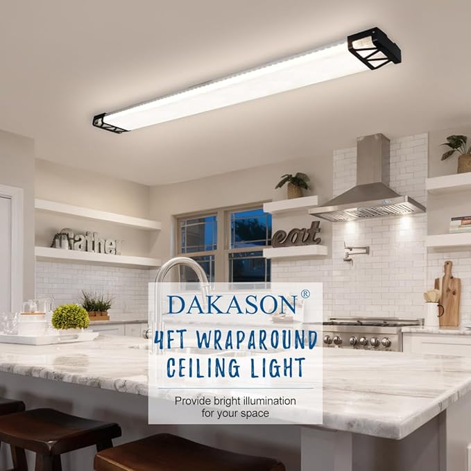 DAKASON 4FT LED Light Fixture for Kitchen Ceiling with Night Lighting, 48inch Wraparound for Laundry 75/65/55W 3/4/5000K Selectable, 4' Shop Light Replacing Fluorescent Tube 4Pack
