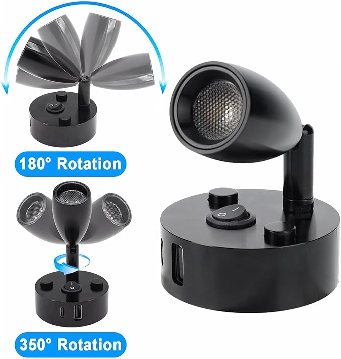 2-PCS RV Reading Lights 12V Interior with USB-A & USB-C Charging Ports, Rotatable Camper LED Light Fixture, RV Bedside Light for Motorhome, Camper, Travel Traile, Boat and Van