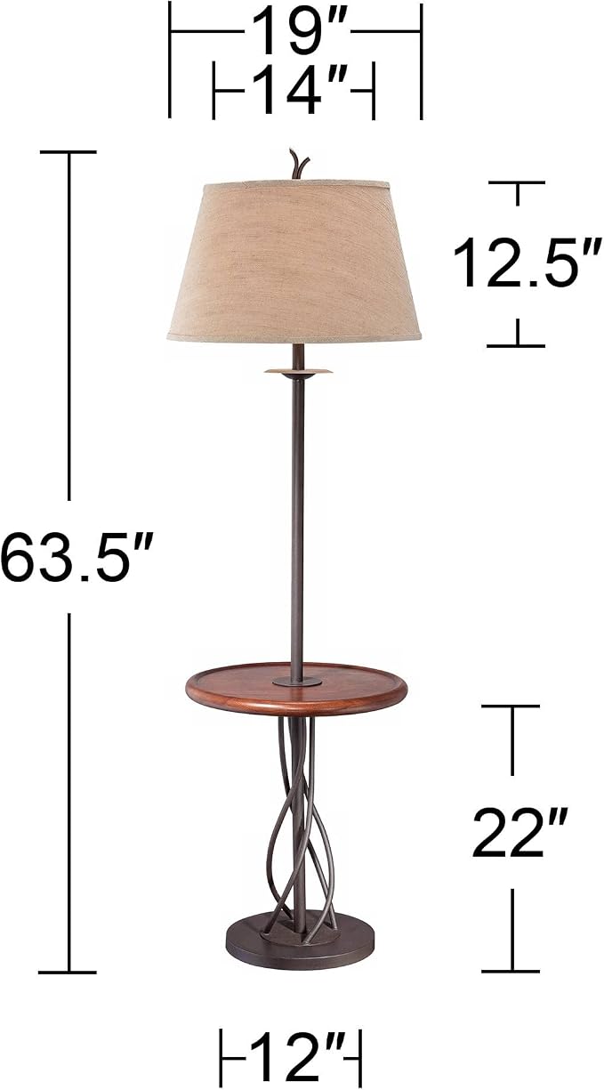Twist 63 1/2" Metal and Walnut Tray Table Floor Lamp Living Room | Rustic Farmhouse Country Cottage Core with End 5 Wood Twisted Iron Base Brown Linen Fabric Tapered Drum Shade for Bedroom