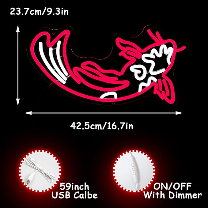 Koi Fish Neon Sign for Wall Decor Koi Carp Neon Lights Japanese Fish Led Neon Red White Neon Signs Lucky Sign 16.7”x9.3” for Bedroom Office Living Room Decoration
