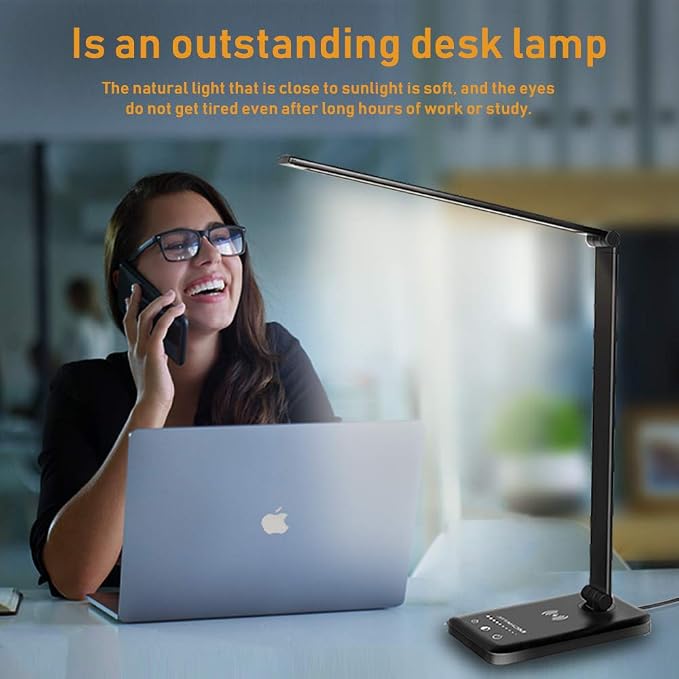LED Desk Lamp with Wireless Charger,Touch Lamp for Home Office Dorm | Dimmable Eye-Caring Lamp,5 Color Modes & 5 Brightness,Metal Lamp Desktop Lamp for Study,Work,Reading,30/60 Minutes Timer