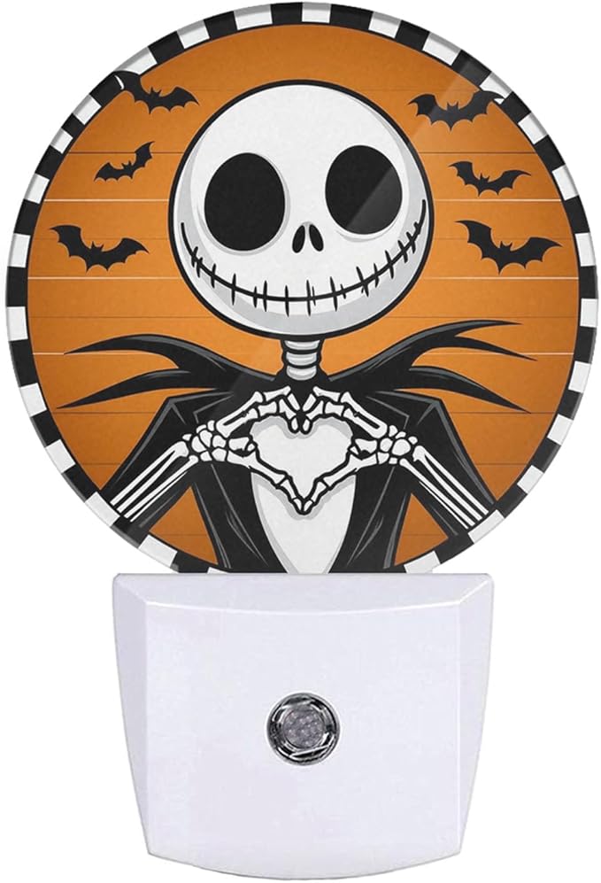 Mugod Funny Halloween Skeleton Plug-in Nightlights Bats Night Light Plug into Wall with Dusk-to-Dawn Sensor LED Lighting 0.5W Sleep-Friendly