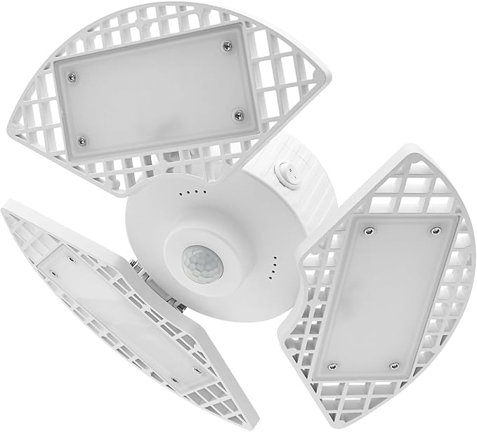 LUXRITE LED Garage Light 80W, 8000 Lumens, Deformable LED Garage Lights, 5000K, 3 Panel Garage Light, E26 Screw in Base, Adjustable Light, Damp Rated, ETL (1 Pack, White, Motion Sensor)