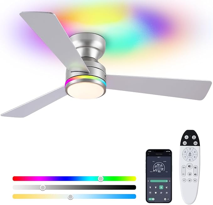 46" 3-Blade Silver Low Profile RGB Ceiling Fan with Light and Remote/APP | 11 RGB Modes,Reversible 6 Wind Speeds,Dimmable 3 CCT LED, 25W Quiet DC Motor,Timer,6 Double-Sided Blades,for Kidsroom Party