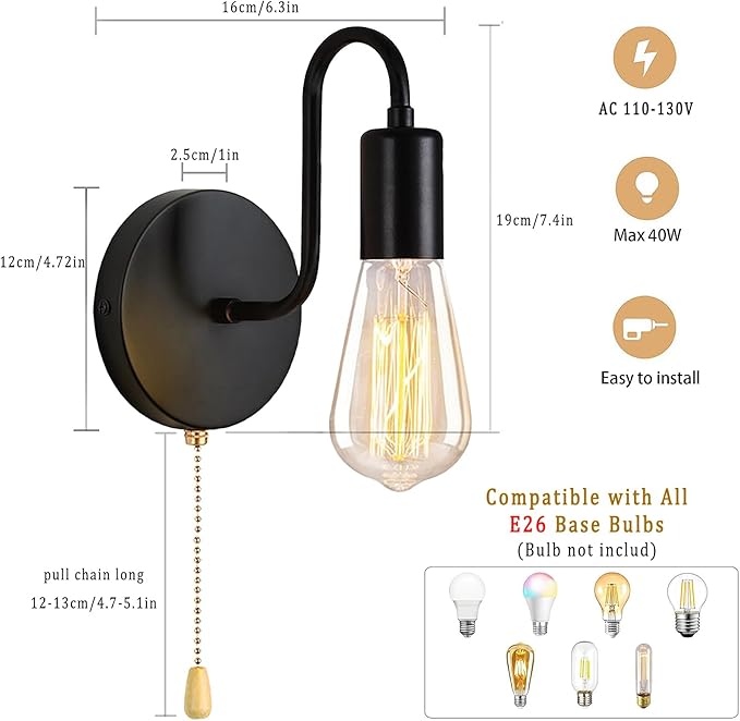 Pull Chain Wall Light Fixture 1-Light Wall Sconce with On Off Switch Hardwired Black Wall Sconces Indoor Vintage Industrial E26 Wall Lighting for Bedroom Hallway Bathroom, Bulb not Included