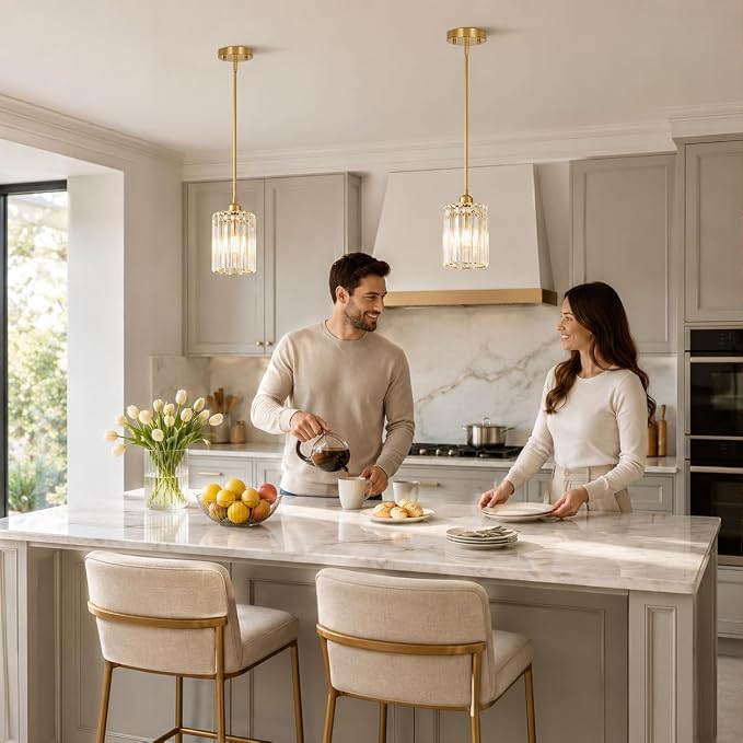 Lxybcce Brushed Gold Kitchen Pendant Lights Over Island with Adjustable Rods - Crystal Pendant Lighting Fixtures for Sloped Ceiling, Ideal Over Dining Table or Bar, E26 Bulb Compatible
