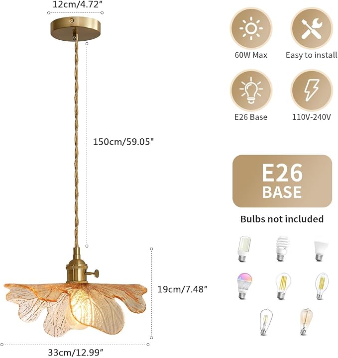 Mid Century Pendant Light for Kitchen with Blown Flower Amber Glass | Vintage Hanging Light 12.99" Art Decor Glass Ceiling pendant Lamp Gold Brass E26, Adjustable Height Sloping Flat ceilings