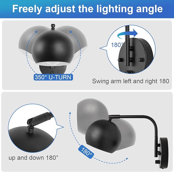 VATONI Dimmable Wall Sconces Set of 2, Plug in Wall Sconces Swing Arm Wall Lights with Plug in Cord and Dimmer On/Off Knob Switch, Black Globe Wall Light for Bedside Bedroom Bathroom(2 Bulbs Included)