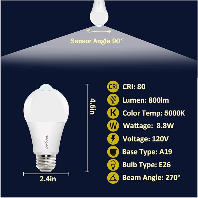 Sengled Motion Sensor Light Bulbs, A19 LED Dusk to Dawn Bulbs 5000K Daylight, Motion Activated Indoor Outdoor Light Bulbs 8.8W (60W Equivalent) 800 Lumens for Porch, Garage, Hallway, 2 Pack