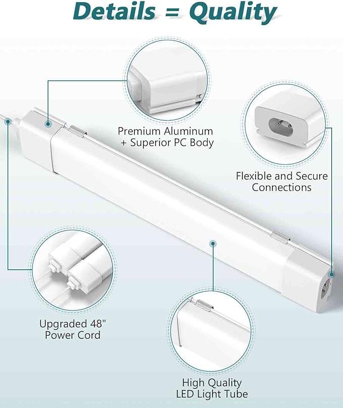 LED Tube Light Fixture with Plug, 2FT 2000LM 5000K Utility Shop, Linkable Cabinet for Garage, Kitchen, Bathroom, Closet, Office - 2Ft, Triproof, White