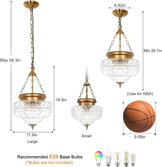 3-Light Brushed Antique Brass Pendant Light Fixtures with 12In Unique Thickened Glass, Vintage Pendant Lights Kitchen Island with Adjustable Chain, Hanging Light Fixtures for Entryway, E26*3