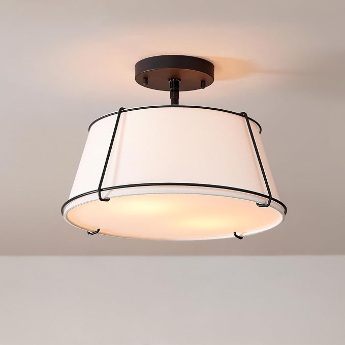 Globe Electric 2-Light Flush Mount Ceiling Light, Matte Black, White Fabric Shade with Acrylic Plate, Updated Traditional Style