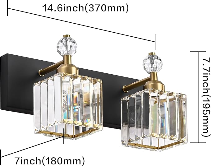 PRESDE Crystal 2 Light Bathroom Vanity Lights Black and Gold Bathroom Lights Fixtures Over Mirror Modern Bedroom Hallway