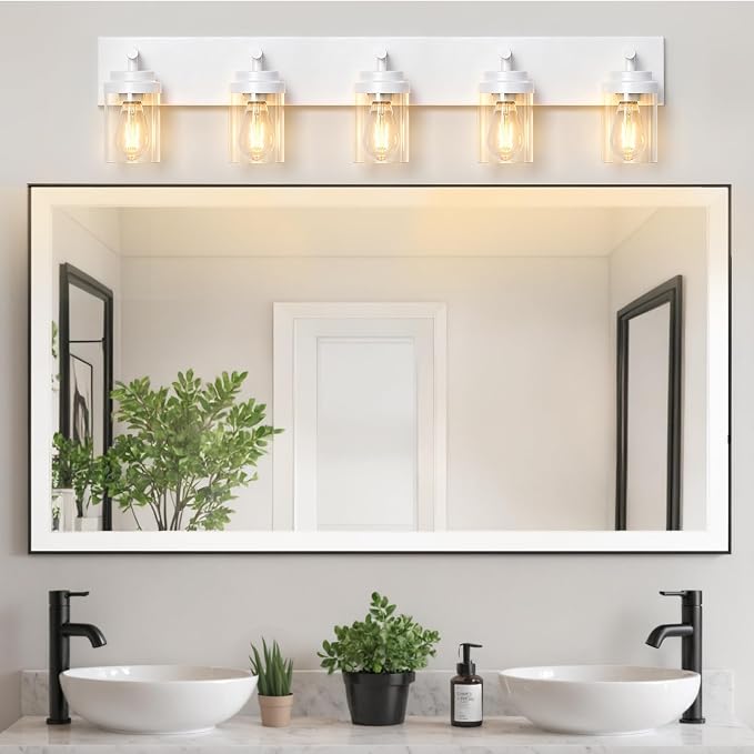 IZORRO Bathroom Vanity Light Fixture, 5-Light 36 Inch White Bathroom Light Fixtures Over Mirror, with Clear Glass Shade, Modern Farmhouse Vanity Lights, Rustic Restroom Lighting Fixtures