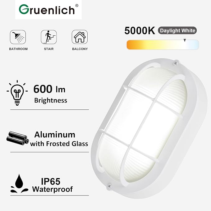 GRUENLICH LED Bulkhead Light Fixture, Aluminum Outdoor Wall Lantern, 8.5" | Oval Exterior Porch Light Wall Sconce for House Walkway Nautical Sauna, Dimmable 6W 600 Lumen, Glass, 5000K, White, 2 Pack
