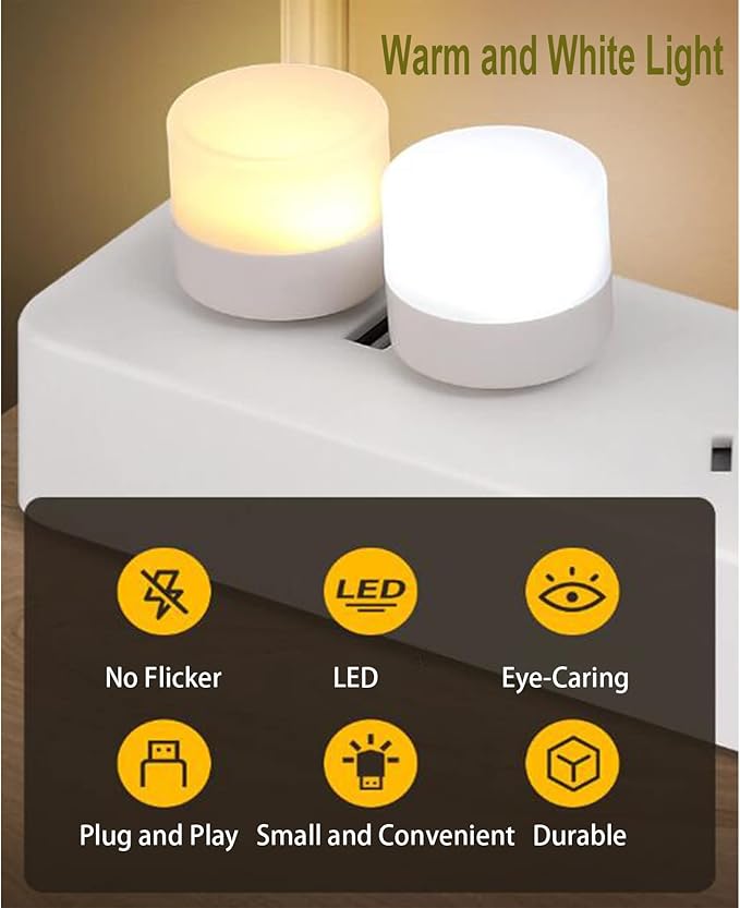USB Night Light, LED Mini Light Bulb, Plug in Night Light, Small Night Lights, Warm White, USB Light Bulb for Bedroom, Bathroom, Hallway, Nursery, Kitchen, Car Tiny Light 6PS (6 Warm)