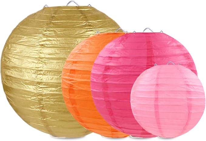 Pink Orange Gold Paper Lanterns Party Decorations, Round Hanging Paper Lanterns for Wedding Birthday Home Classroom Party Supplies (12 PCS)