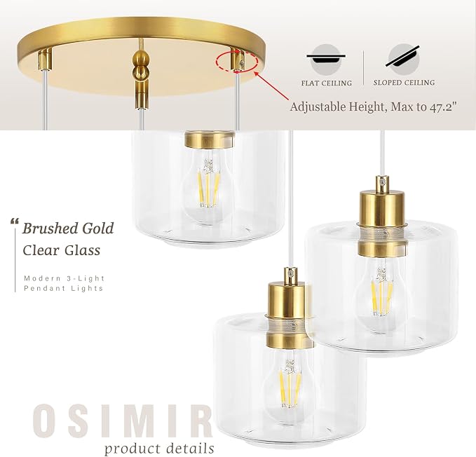 Brushed Gold Dining Room Chandelier Light Fixture, 3-Light Pendant Lighting with Clear Glass, Modern Kitchen Island Cluster Hanging Pendant Lights for Kitchen Dining Room, OS-YQ8153-3BGC