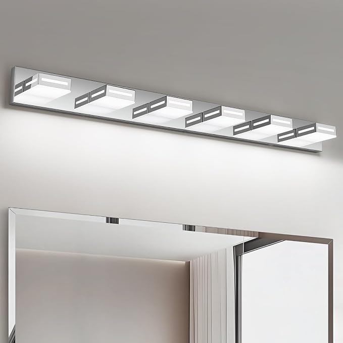 LED Modern Bathroom Light Fixtures, 6-Light 48-Inch Chrome Vanity Lights for Bathroom Lighting Fixtures Over Mirror, 6000K Cool White 350° Rotatable Wall Lamp