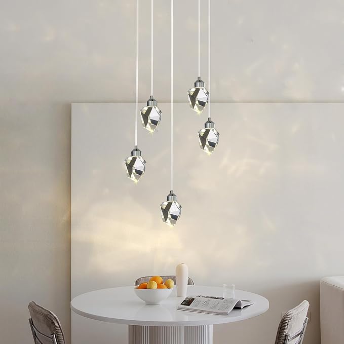 Modern Crystal Pendant Light, 3-Color LED Silver Ceiling Hanging Lamp, for Kitchen Island Bedroom Living Room Dining Room Lighting (5-Head Round Base)