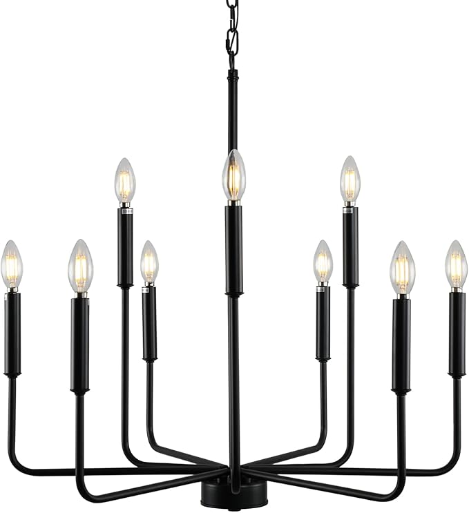 Black Chandeliers for Dining Room Light Fixture Over Table, Modern Farmhouse Chandeliers for Living Room,9-Lights Industrial Metal Candle Lighting Fixtures for Entryway Kitchen Island Foyer