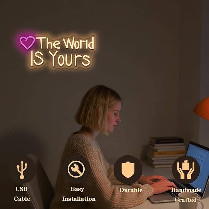 The World IS Yours neon sign, suitable for classroom wall decoration, back-to-school season, graduation season, student gifts. Dimmable, USB powered, pink heart-shaped inspirational neon light.